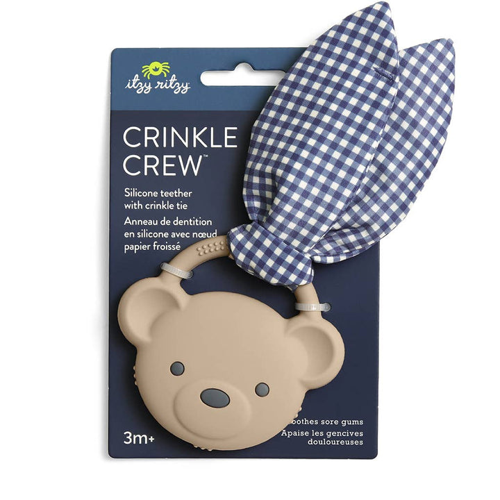 Itzy Ritzy Crinkle Crew silicone teether with checkered tie on packaging