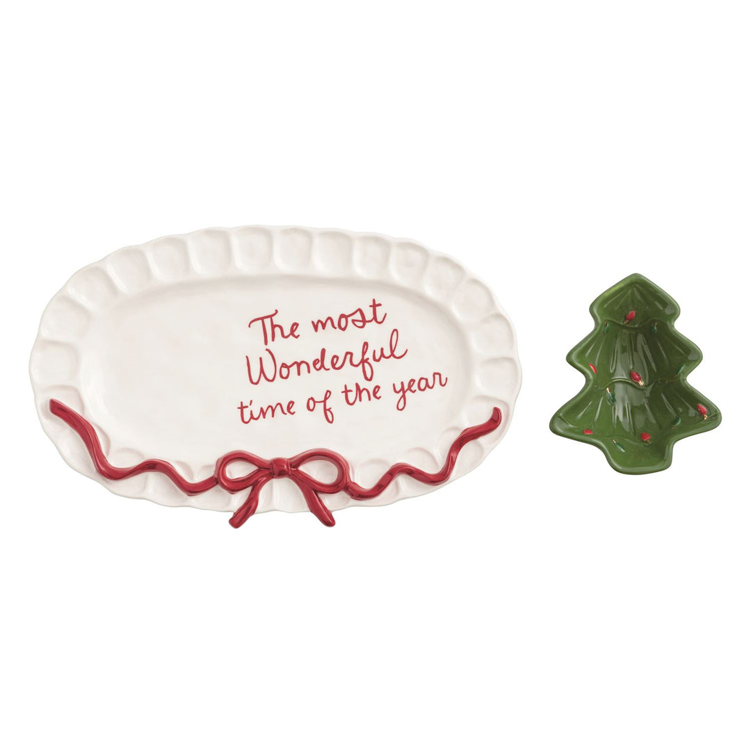 most wonderful time of the year platter with bow and detachable ceramic tree dish tree is detached