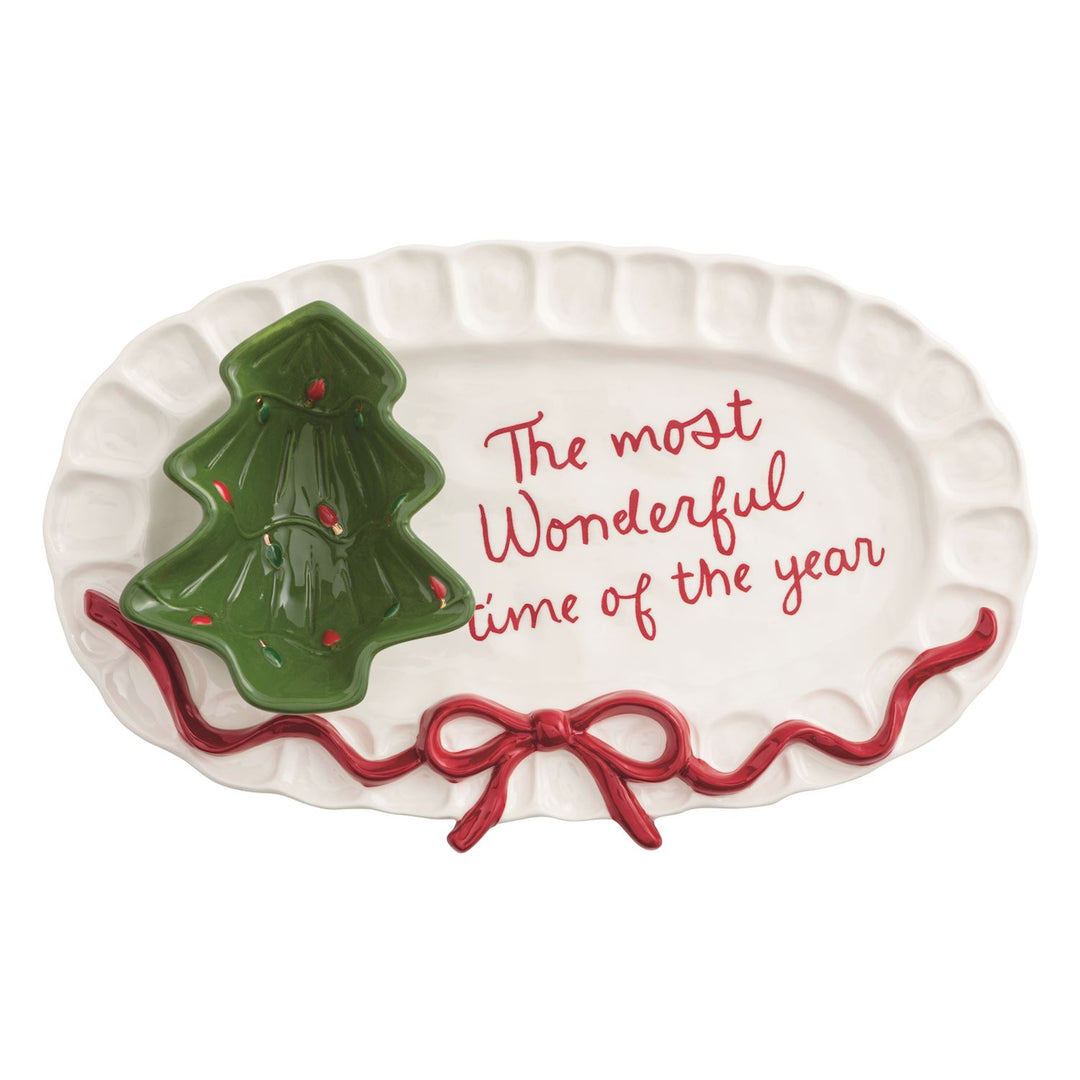 most wonderful time of the year platter with bow and detachable ceramic tree dish