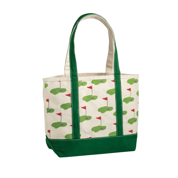 BEIGE CANVAS TOTE WITH GOLF HOLES PATTERN ALL OVER AND GREEN HANDLES