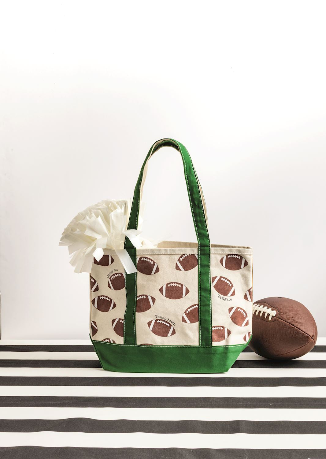 FOOTBALL PRINT GREEN BORDER CANVAS TOTE