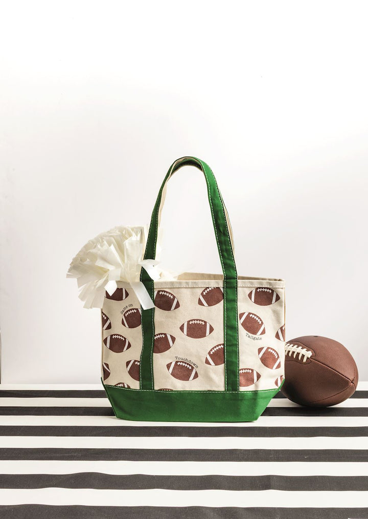 FOOTBALL PRINT GREEN BORDER CANVAS TOTE