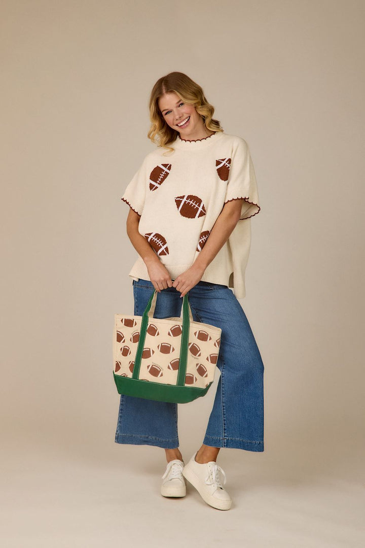 FOOTBALL PRINT GREEN BORDER CANVAS TOTE