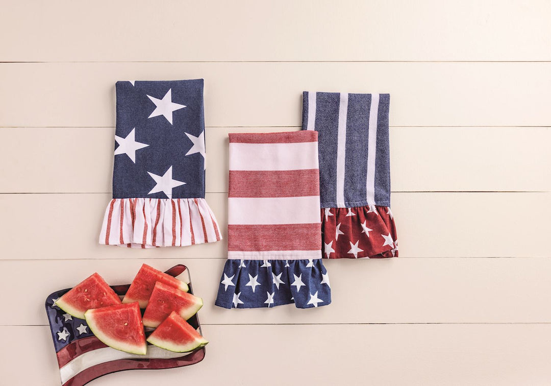 THREE PATRIOTIC AMERICAN FLAG HAND TOWELS ON WOODEN BACKGROUND WITH WATERMELON IN PICTURE