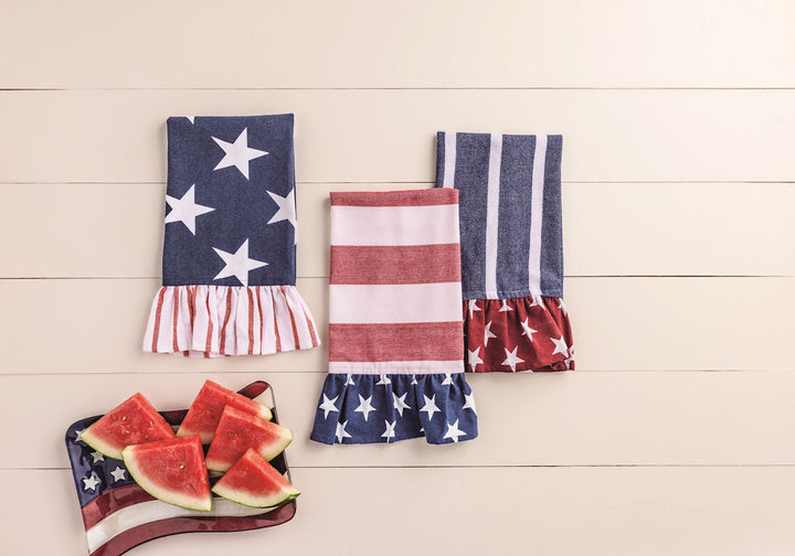 THREE PATRIOTIC AMERICAN FLAG HAND TOWELS ON WOODEN BACKGROUND WITH WATERMELON IN PICTURE