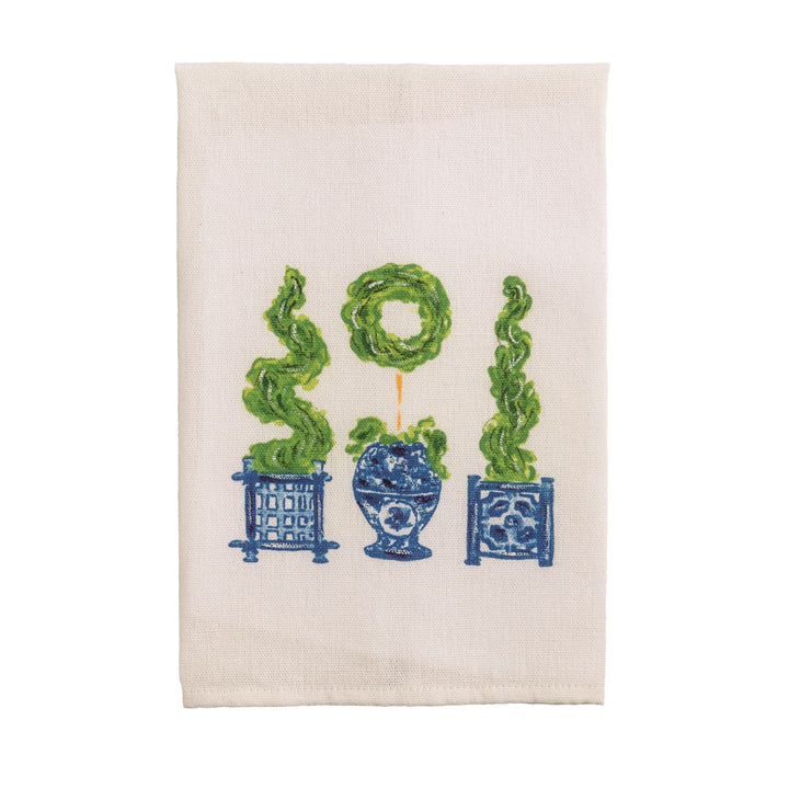 HAND PAINTEED CHINOISERIE PAINTED THREE TOPIARY HAND TOWEL