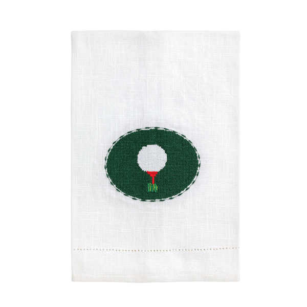 WHITE HAND TOWEL WITH GREEN GOLF BALL NEEDLEPOINT IN CENTER
