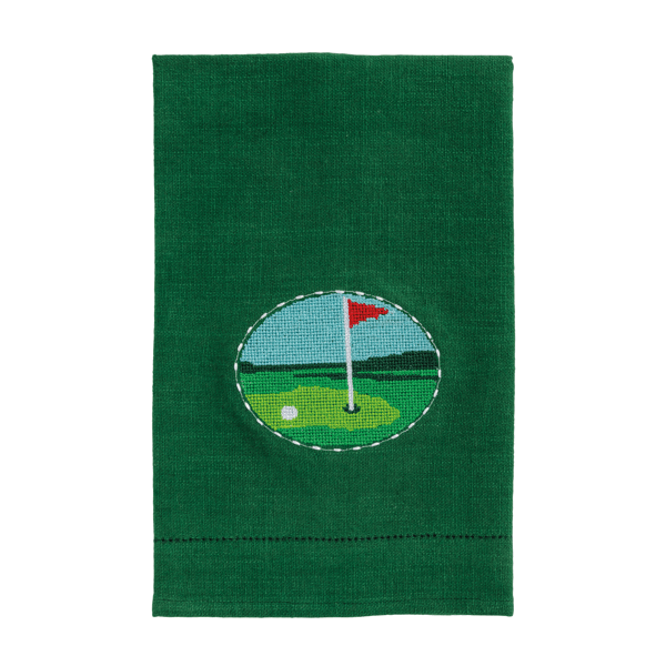 GREEN HAND TOWEL WITH GOLF FLAG NEEDLEPOINT STITCHED IN CENTER