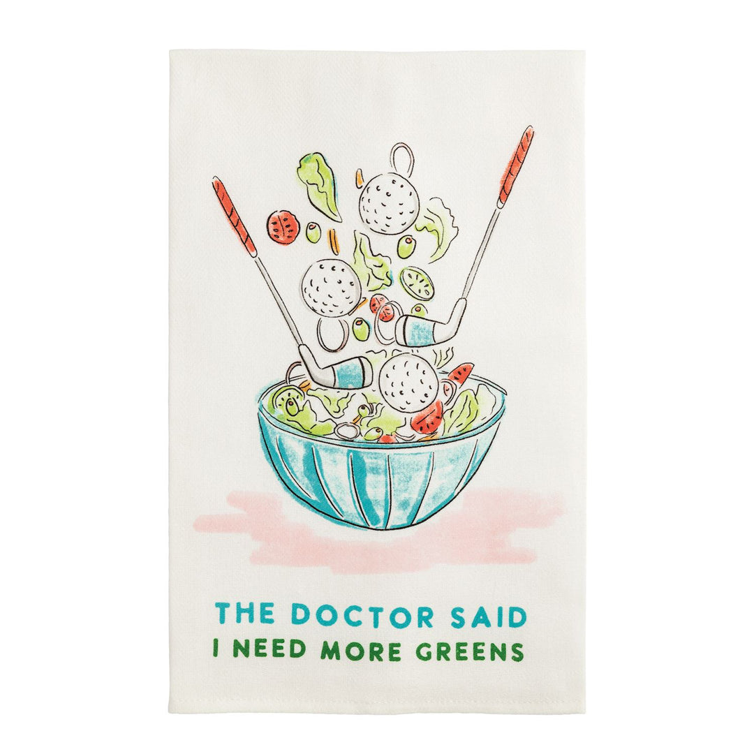 White cotton hand towel featuring a humorous golf-themed printed design, sized 26 by 16.5 inches.