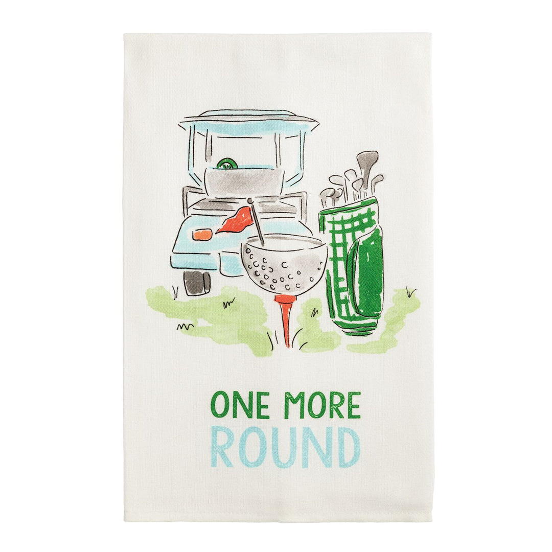 White cotton hand towel featuring a humorous “One More Round” golf-themed printed design, sized 26 by 16.5 inches.