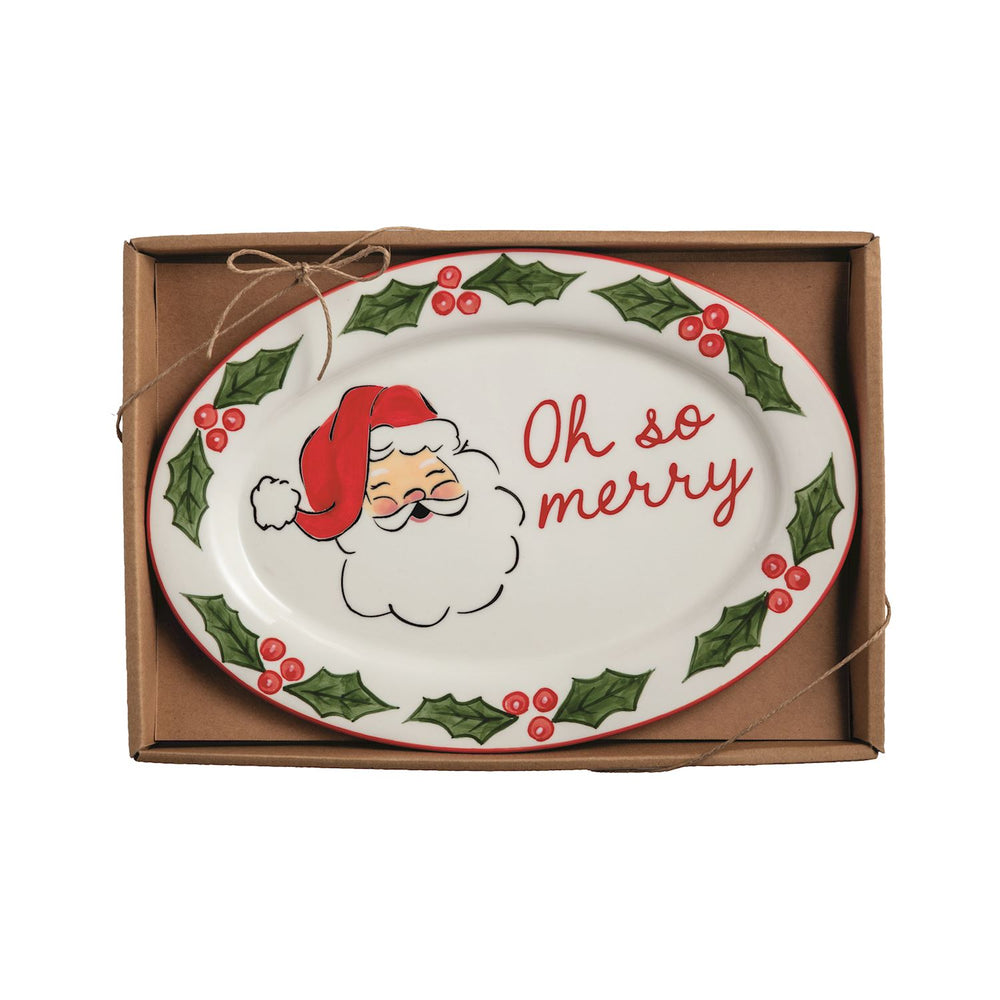 OH SO MERRY Christmas plate with santa face and holly motif painted on 