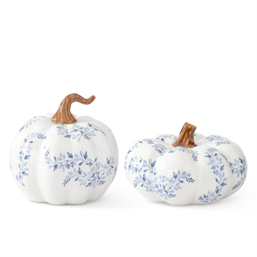 WHITE & BLUE FLORAL CERAMIC PUMPKIN