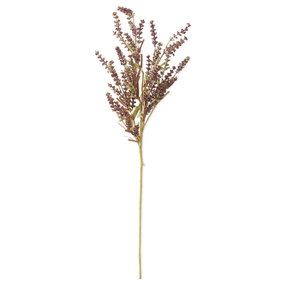 A single artificial ornamental grass stem with dark burgundy-brown feathery flower clusters and a long light tan stem, isolated on a white background.