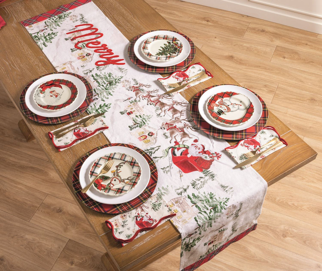 Christmas table setting with scallop napkins and white table runner