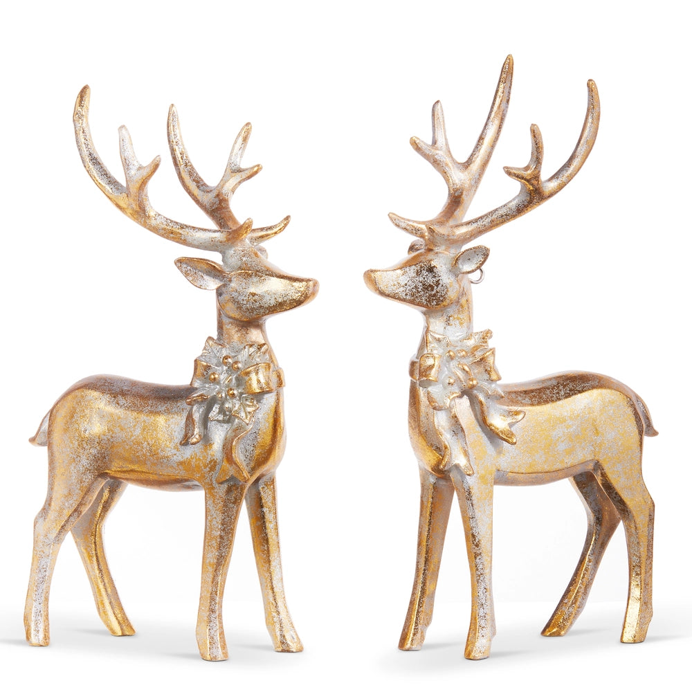 7" AGED GOLD DEER WITH BOW ORNAMENT