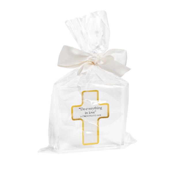 Acrylic block plaque features foiled edge pulp paper icon with sentiment. "DO EVERYTHING IN LOVE"