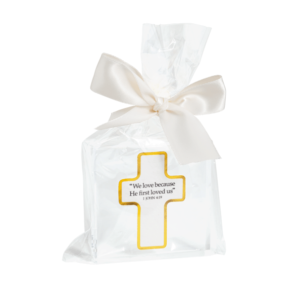 Acrylic block plaque features foiled edge pulp paper icon with sentiment. "HE FIRST LOVED US"