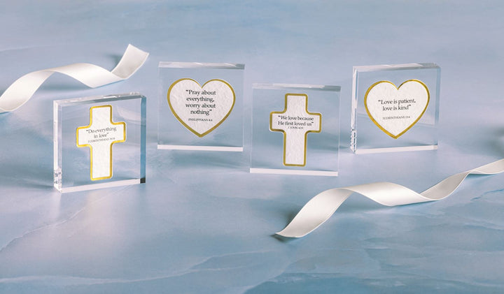 ACRYLIC FRAMES WITH BIBLE VERSES INSIDE GOLD HEARTS