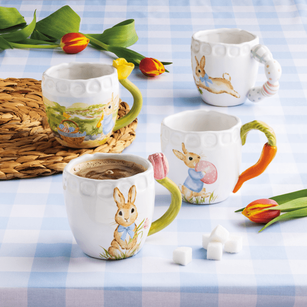 BLUE GINGHAM TABLECLOTH WITH WHITE BUNNY MUGS AND TULIPS
