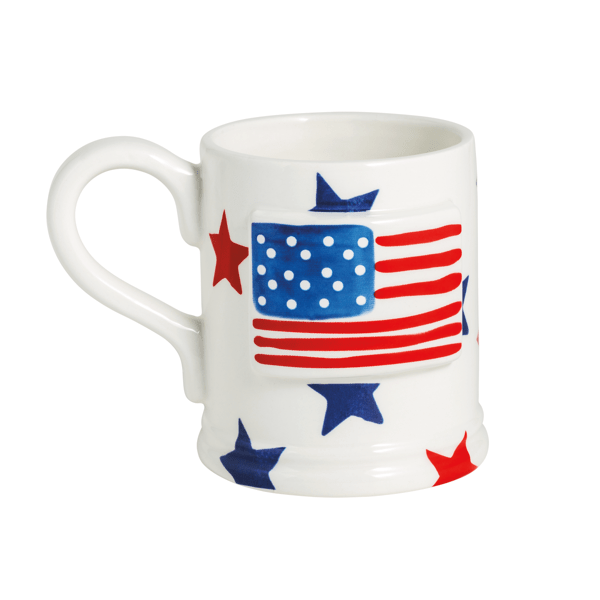 Ceramic coffee mug featuring an embossed American flag design in patriotic red, white, and blue.