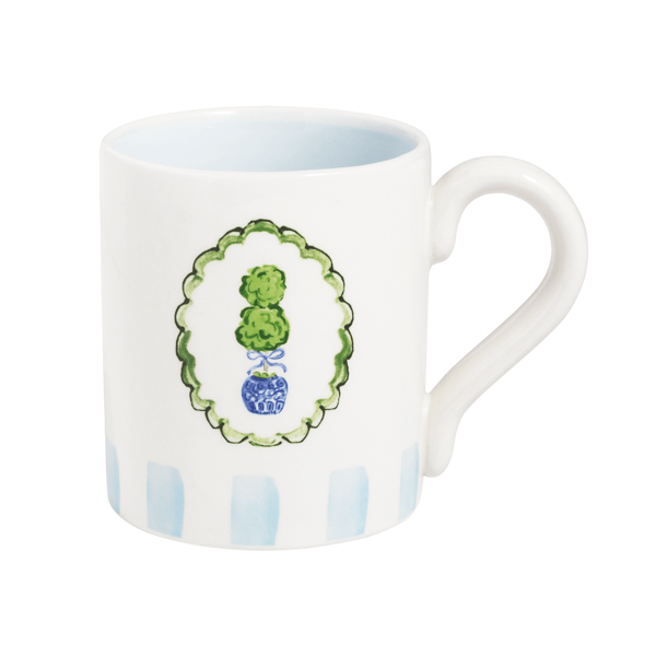 TOPIARY MUG WITH BLUE WHITE STRIPED BOTTOM EDGE