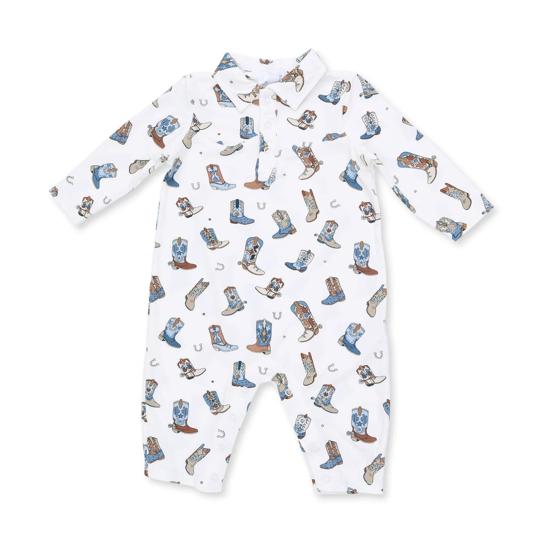 Angel Dear Buckaroo Boots Long Sleeve Cowboy Romper front view of the baby romper highlighting the silhouette and buckaroo boots cowboy design