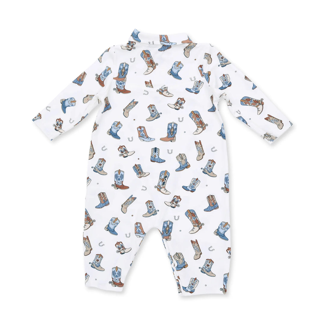 Angel Dear Buckaroo Boots Long Sleeve Cowboy Romper alternate view of the baby romper showing the buckaroo boots cowboy design and coordinating trim