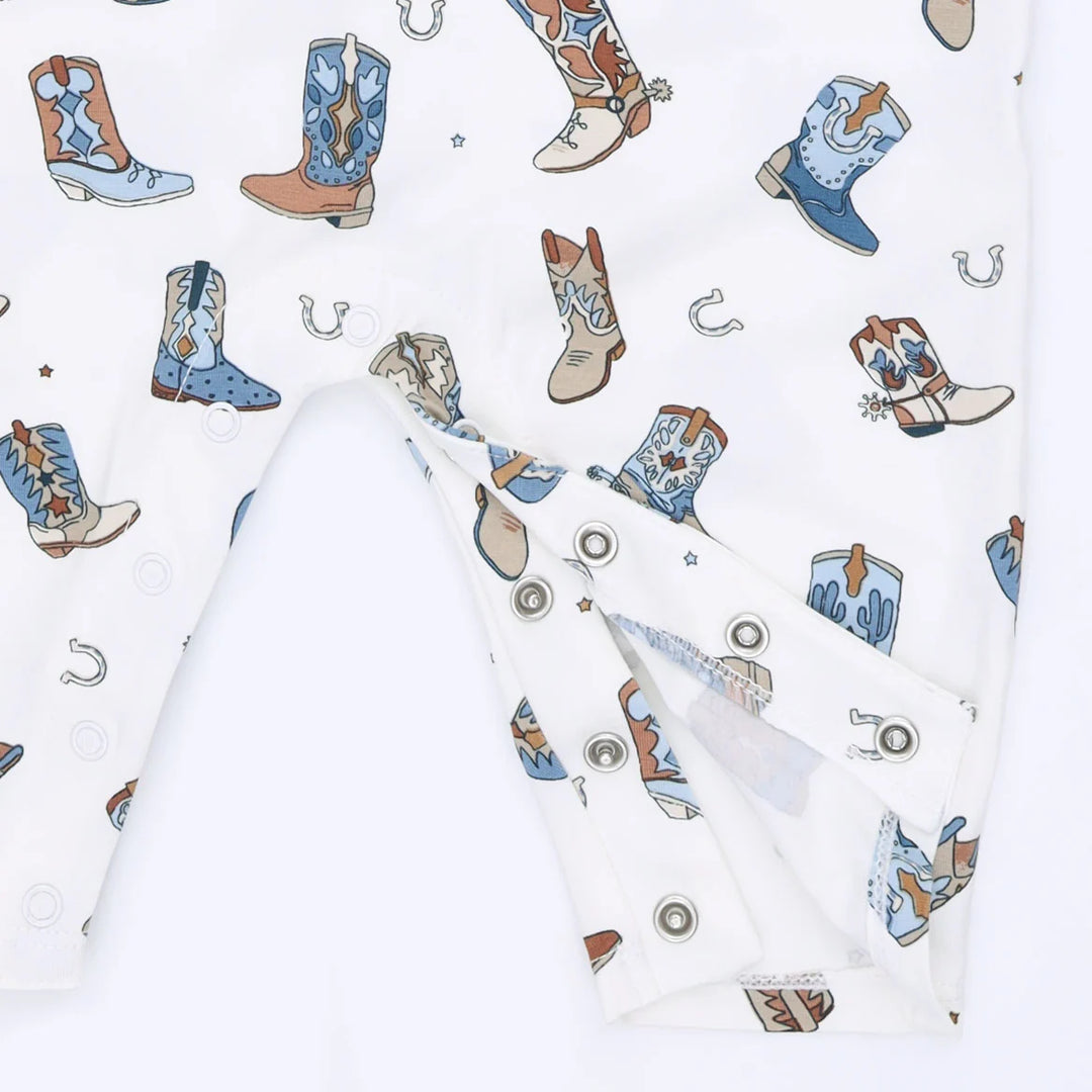 Angel Dear Buckaroo Boots Long Sleeve Cowboy Romper close-up of the baby romper highlighting the print, closures, and finishing details