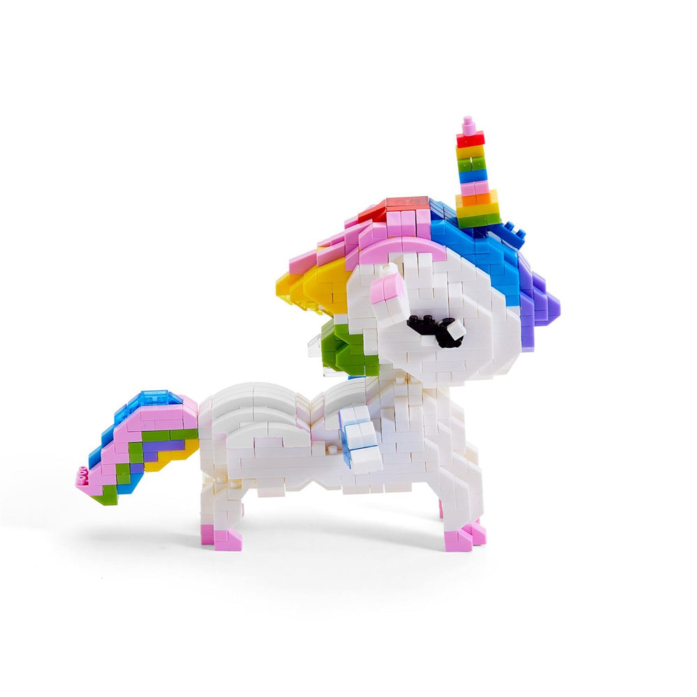 Colorful unicorn toy made of interlocking bricks on a white background