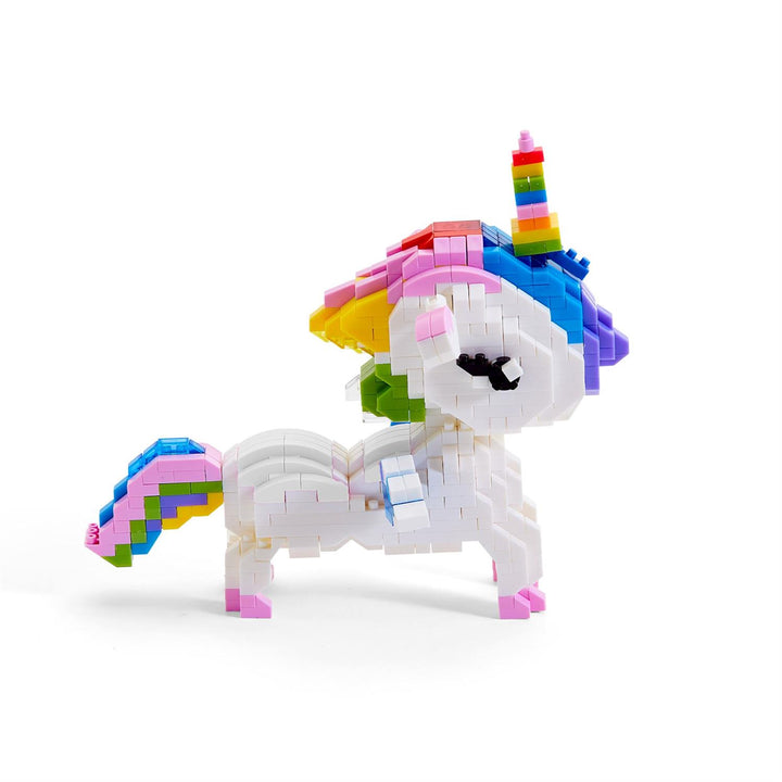 Colorful unicorn toy made of interlocking bricks on a white background