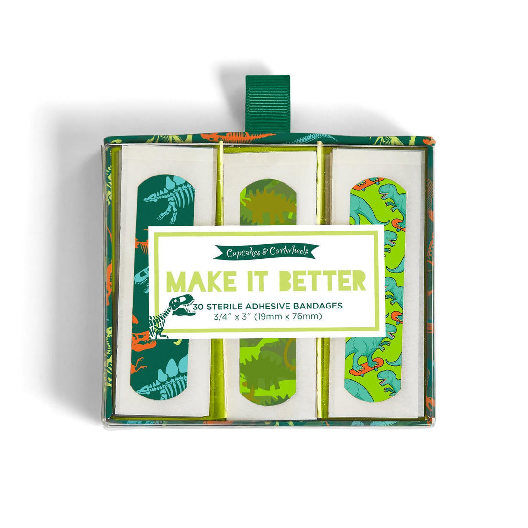 Box of adhesive bandages with colorful designs and 'Make It Better' text on a white background