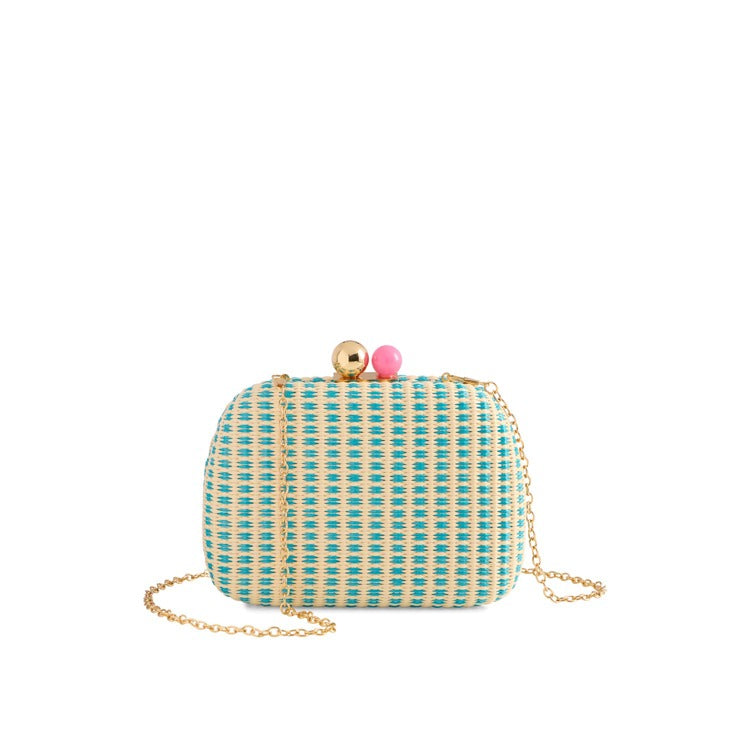 Turquoise Bondi Minaudière – Bold Turquoise Clutch with Gold Hardware and Detachable Chain | Walker Boutique