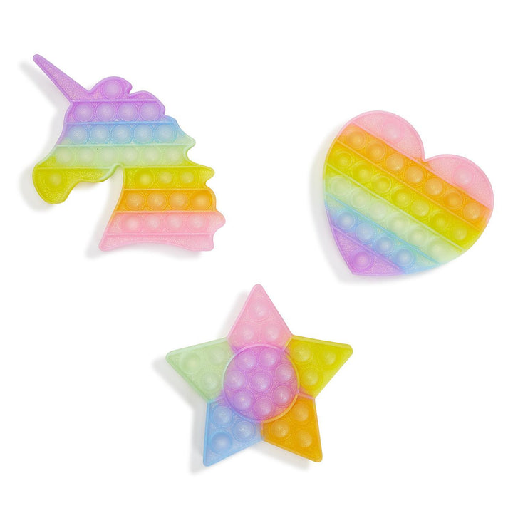 Set of colorful pop-it toys shaped like a unicorn, heart, and star on a white background.