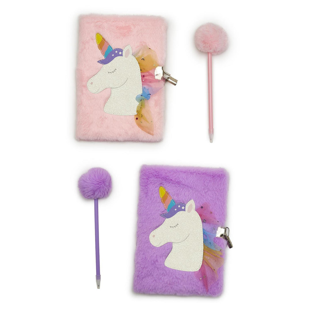 GLITTER UNICORN JOURNAL WITH LOCK POM POM PEN