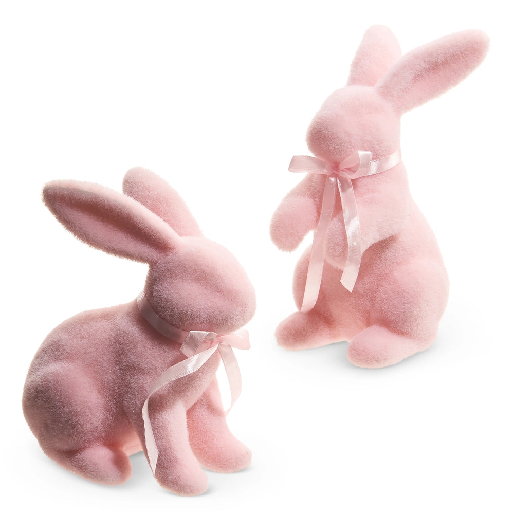 Pink flocked Easter bunny figurines with satin ribbon bows | Walker Boutique