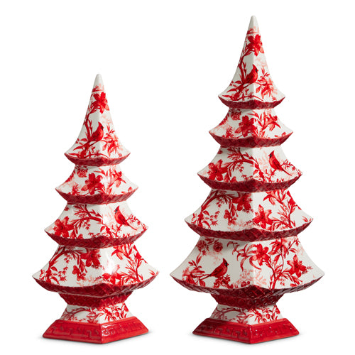 Red and white cardinal chinoiserie tabletop trees in two decorative styles