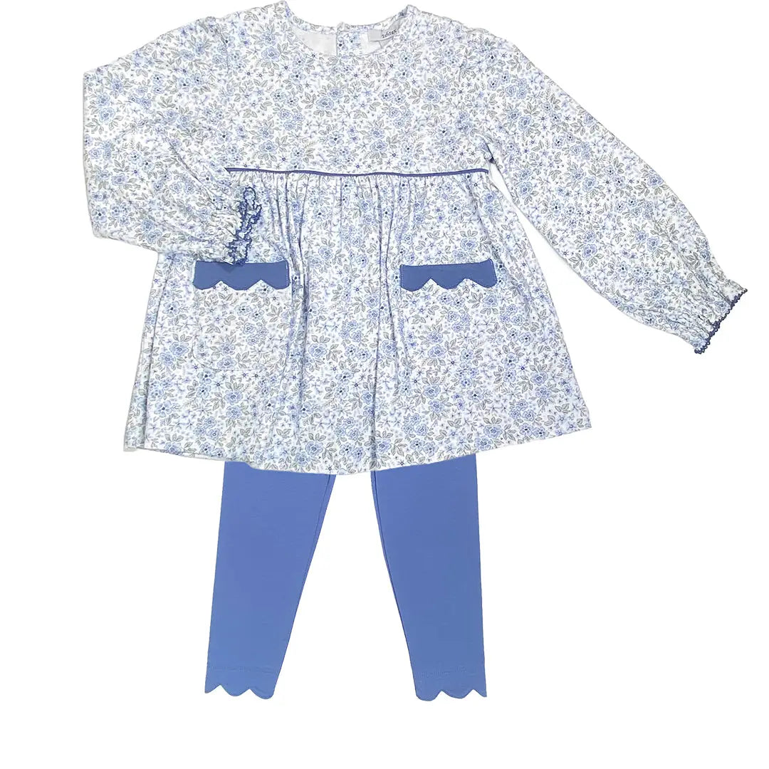 This coordinated Ditsy Flower set pairs a softly gathered floral tunic with navy leggings for a ready-to-wear outfit that feels charming and practical.