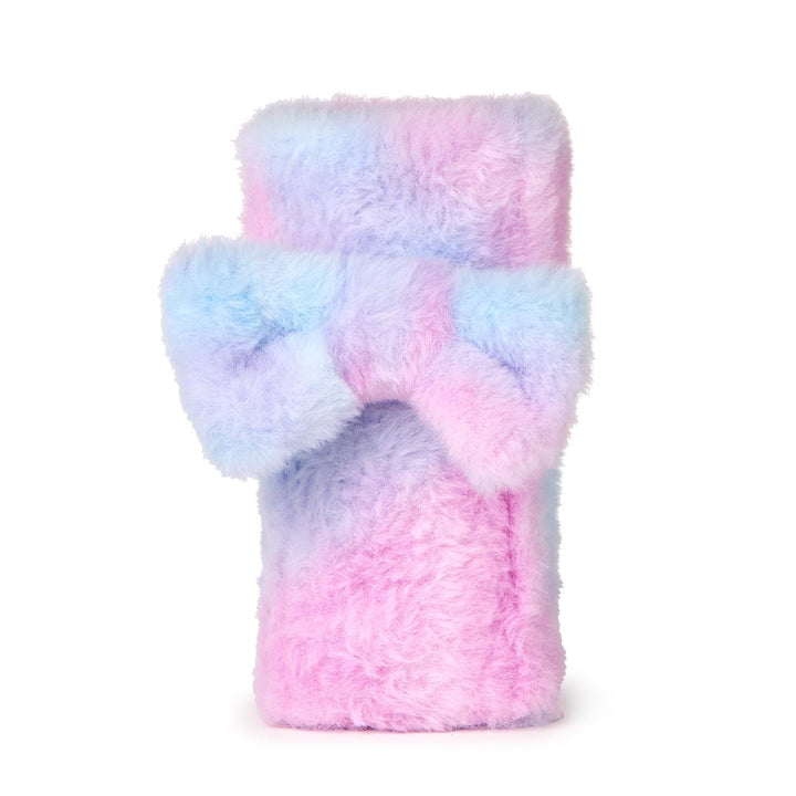 Pastel-colored fuzzy blanket with a bow on a white background