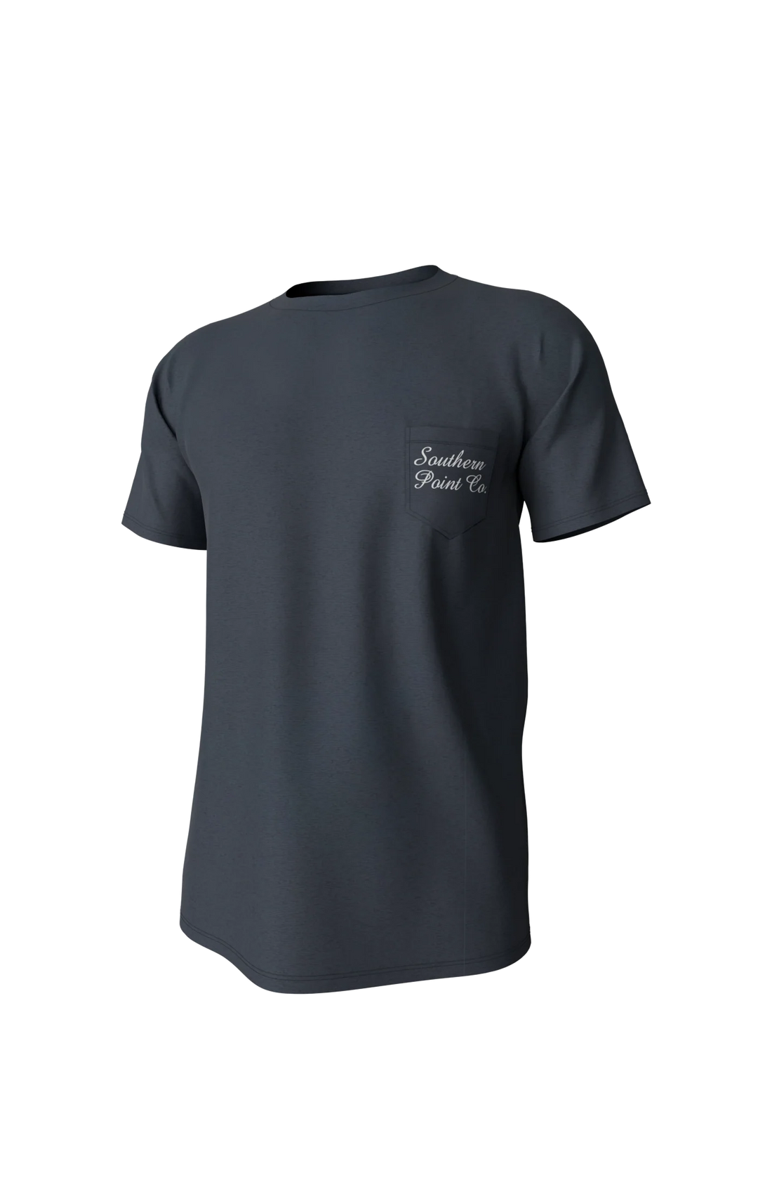 Navy t-shirt with a logo on the chest against a white background