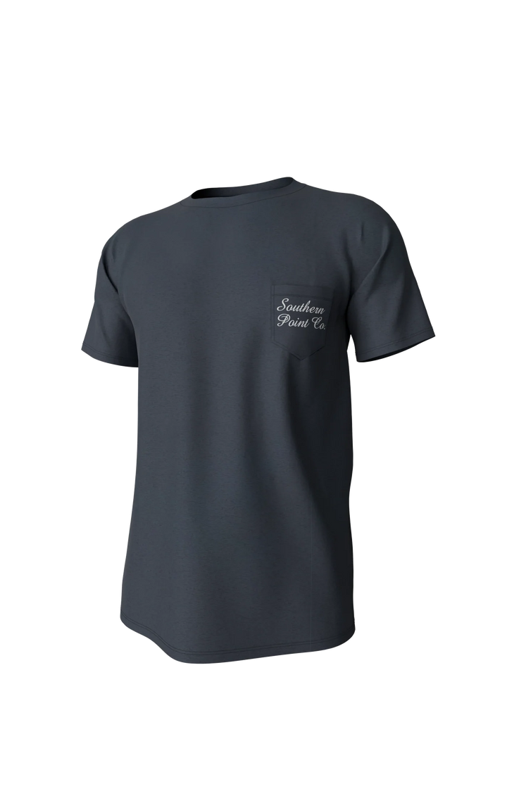 Navy t-shirt with a logo on the chest against a white background