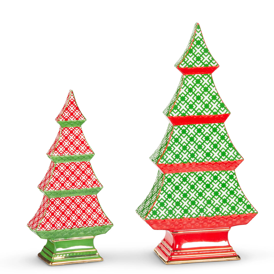 Red and green geometric patterned tabletop Christmas trees in two sizes