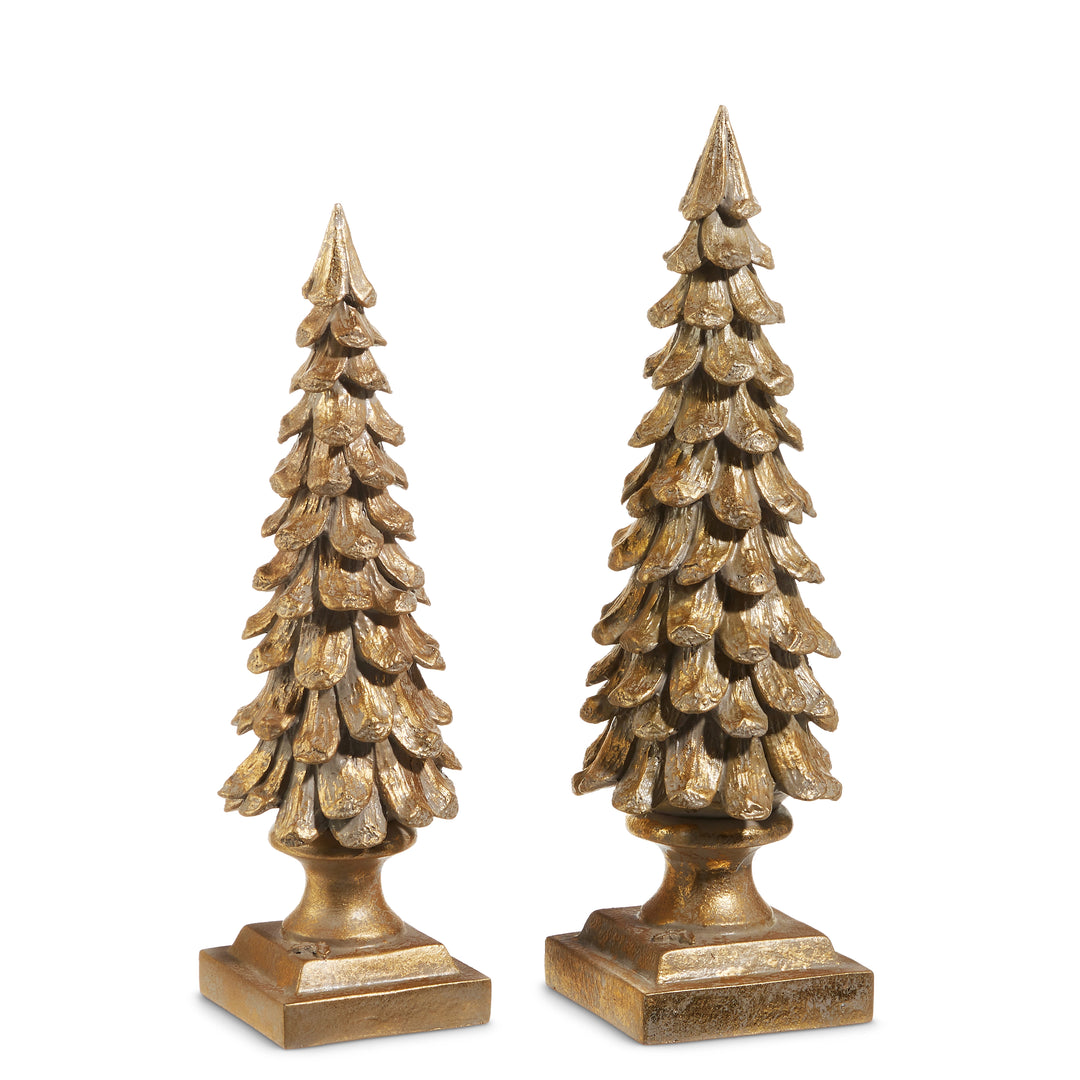 Two decorative gold Christmas trees on a white background