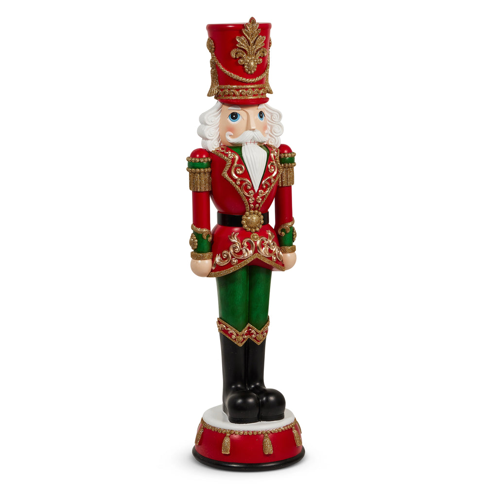 Red and green royal nutcracker statue for a festive holiday entryway