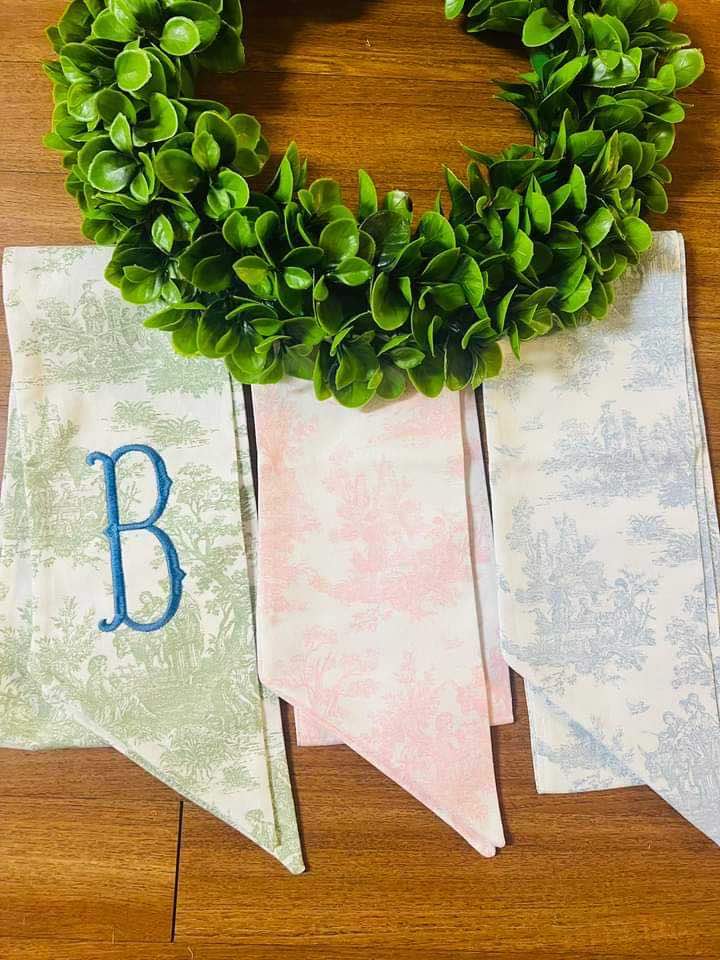 Pink and Blue toile wreath sash