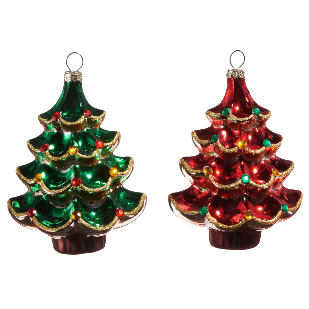 Two Christmas tree ornaments, one green and one red, on a white background.