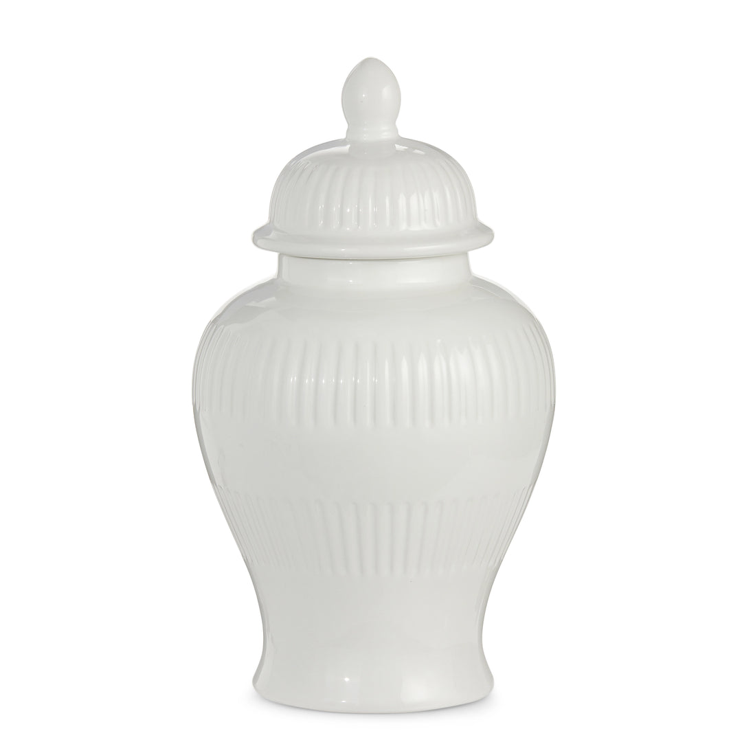 White ceramic jar with a lid on a white background