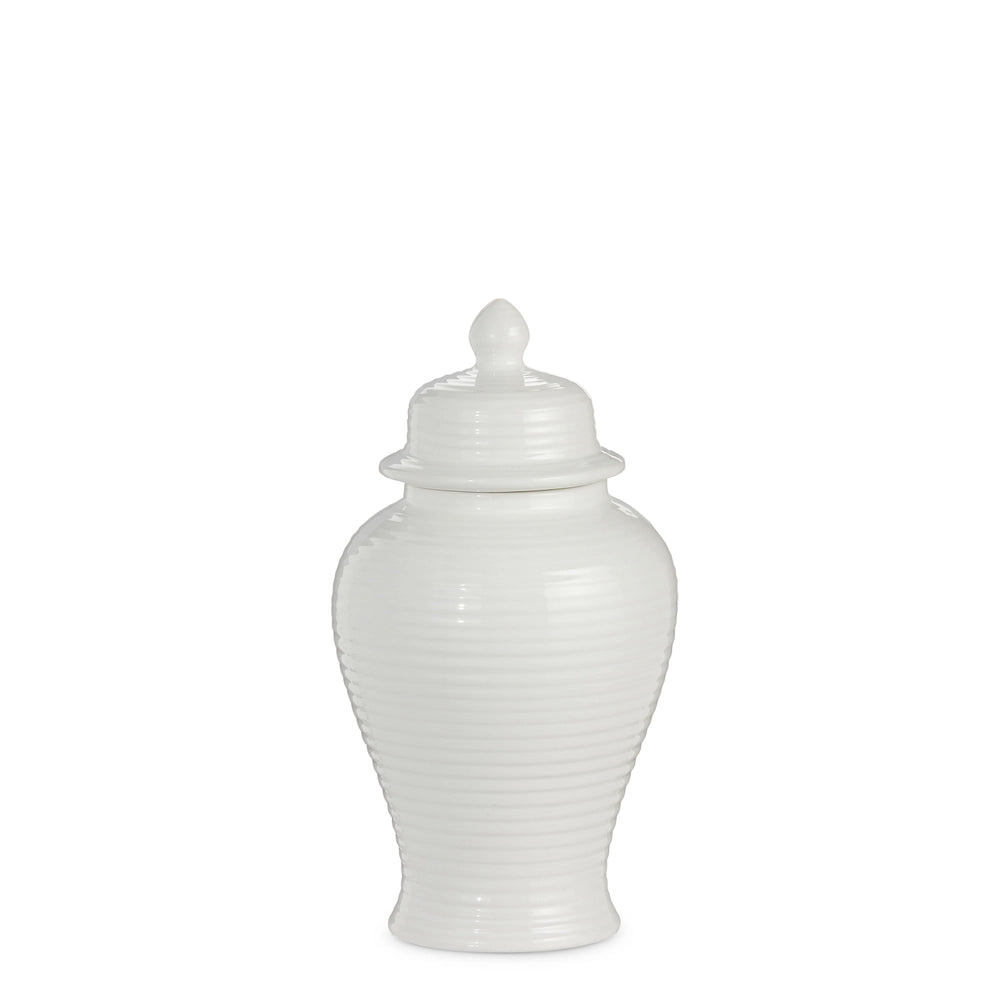 White ceramic jar with a lid on a white background