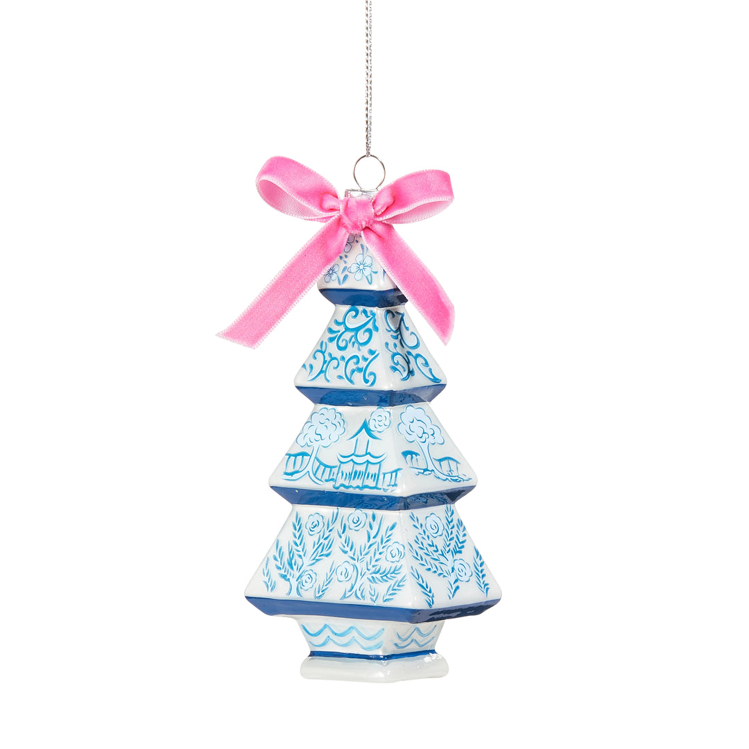 Chinoiserie Glass Tree with Pink Bow Ornament – Blue and White Christmas Tree Decoration | Walker Boutique