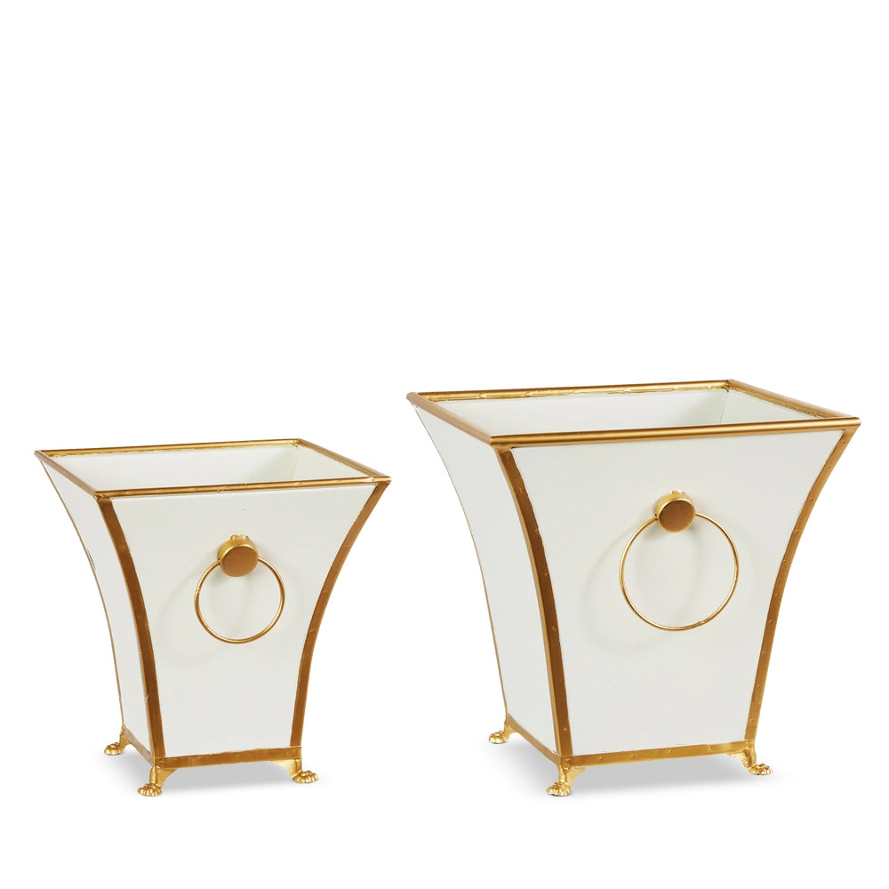 White metal planters with gold trim and ring handles | Walker Boutique