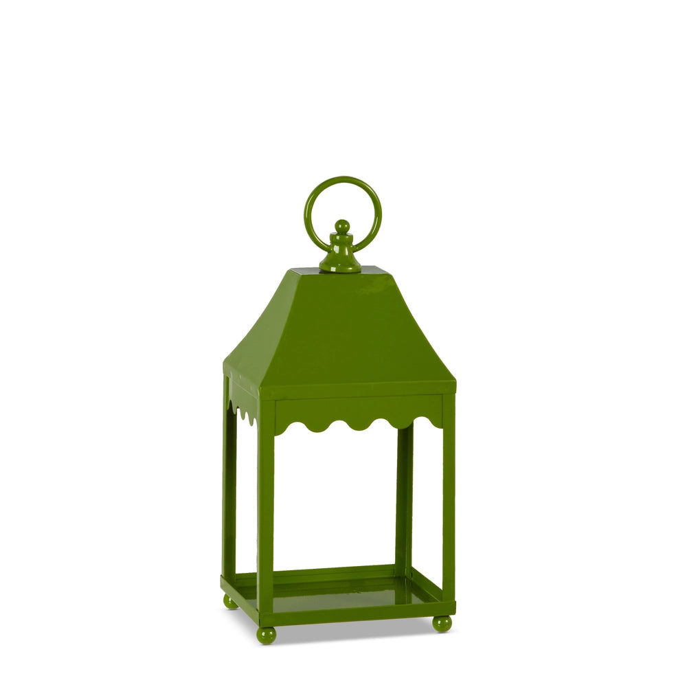 Glossy green metal lantern with scalloped trim and ring handle | Walker Boutique